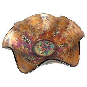 Vintage Fenton Glass Grape and Vine Pattern Amethyst Iridescent Bowl Candy Dish